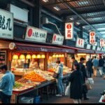 Tsukiji külső piac friss ételekkel és helyi ízekkel Tokióban
