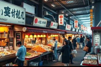 Tsukiji külső piac friss ételekkel és helyi ízekkel Tokióban