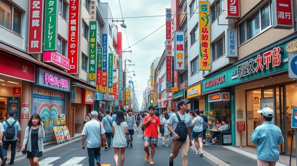 Harajuku nyüzsgő utcája, divatüzletekkel és kávézókkal.