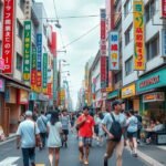 Harajuku nyüzsgő utcája, divatüzletekkel és kávézókkal.