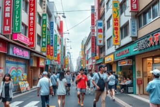 Harajuku nyüzsgő utcája, divatüzletekkel és kávézókkal.