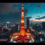 Tokió Tower éjszaka: ikonikus piros-fekete szerkezet panorámával.