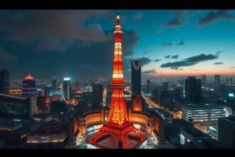 Tokió Tower éjszaka: ikonikus piros-fekete szerkezet panorámával.