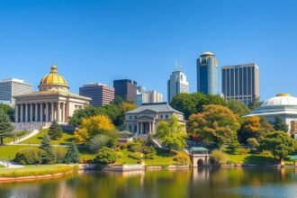 Ueno Park gyönyörű panorámája, múzeumokkal és városi háttérrel