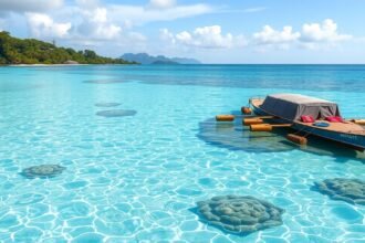 Szép víz alatti látvány a Seychelles-szigeteknél, hajó a vízen.