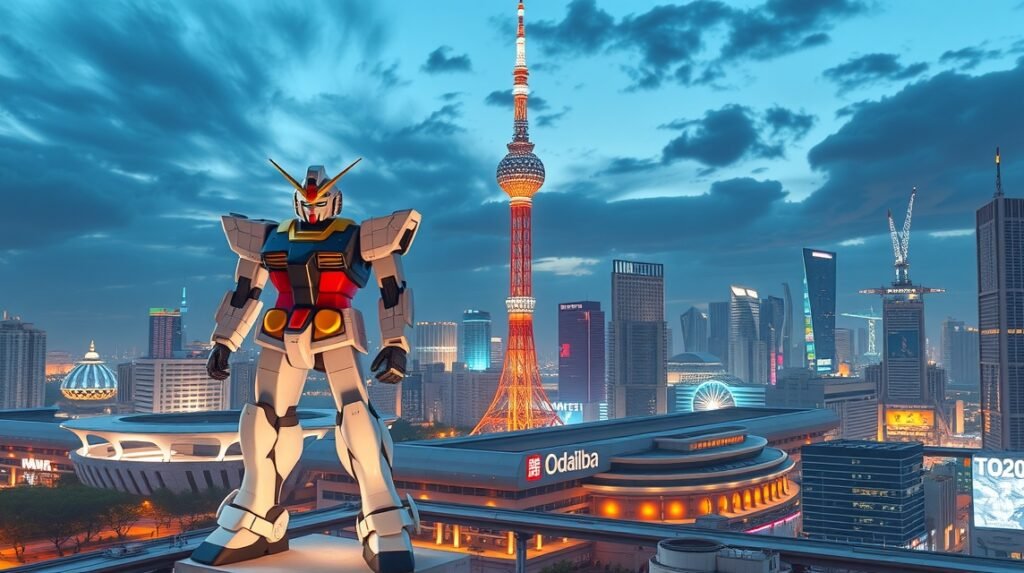 Óriás Gundam robot Odaiba városképével Tokióban.