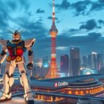 Óriás Gundam robot Odaiba városképével Tokióban.