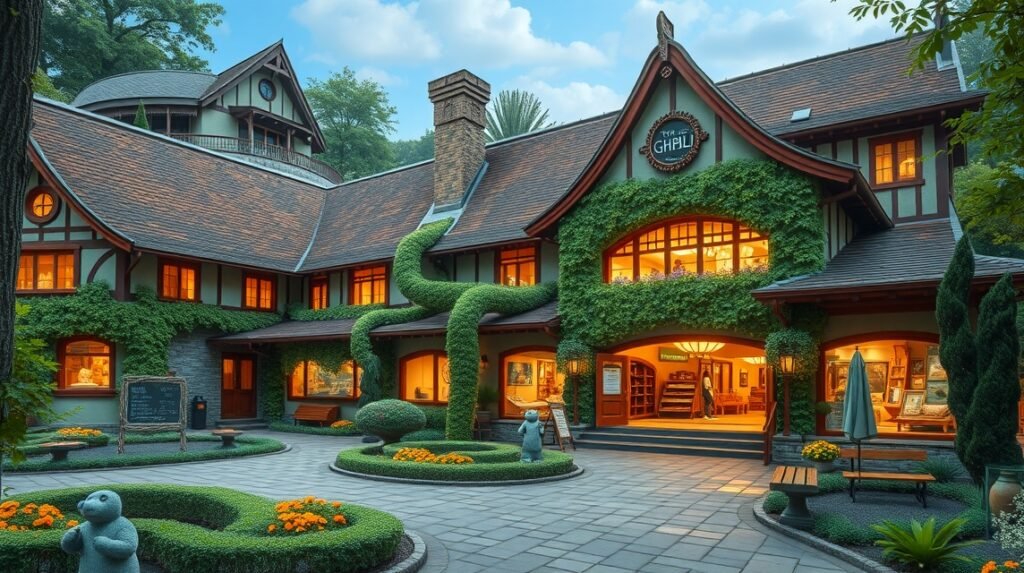 Ghibli Múzeum épülete a Mitakában gyönyörű zöld környezetben.