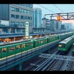 Tokió Yamanote-vonal és egy forgalmas metróállomás látképe