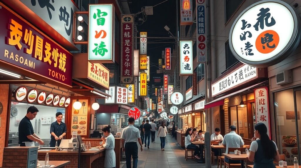 Tokió gastronomikus utcák, sushi és ramen éttermek.