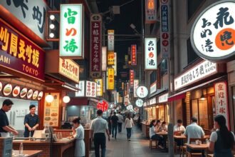 Tokió gastronomikus utcák, sushi és ramen éttermek.