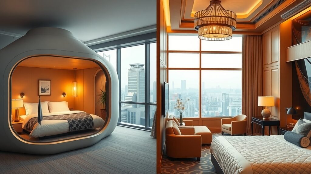 Kapszulahotel és luxusszálloda belső tér Tokióban, modern dizájn