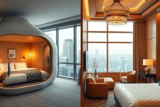 Kapszulahotel és luxusszálloda belső tér Tokióban, modern dizájn