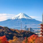 A gyönyörű Fuji-hegy és a hagyományos japán pagoda őszi színekben.