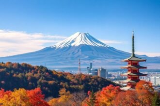 A gyönyörű Fuji-hegy és a hagyományos japán pagoda őszi színekben.