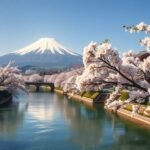 Cseresznyevirágzás Tokióban Fuji-heggyel a háttérben