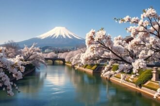 Cseresznyevirágzás Tokióban Fuji-heggyel a háttérben