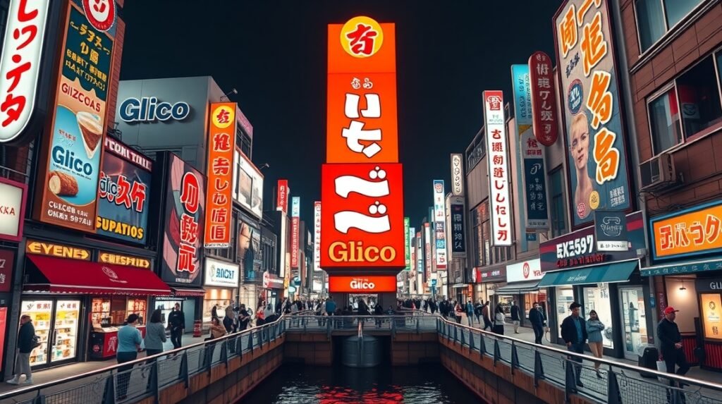 Dotonbori neonfények és Glico reklám az oszakai csatornán