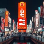 Dotonbori neonfények és Glico reklám az oszakai csatornán