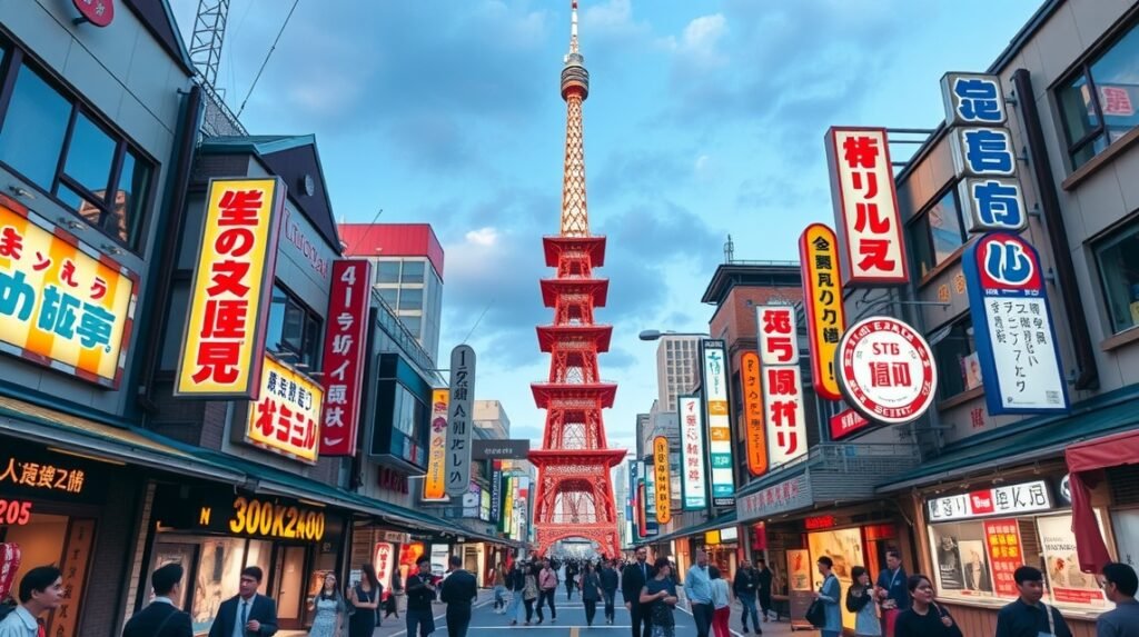 Shinsekai negyed és a Tsutenkaku torony Osaka városában