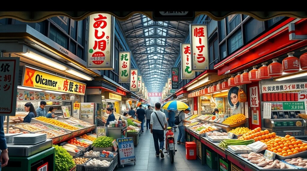 Kuromon Ichiba piac Oszakában, friss ételek és helyi specialitások