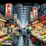 Kuromon Ichiba piac Oszakában, friss ételek és helyi specialitások