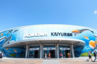 Kaiyukan Akvárium bejárata Oszakában, színes tengeri élet képeivel.