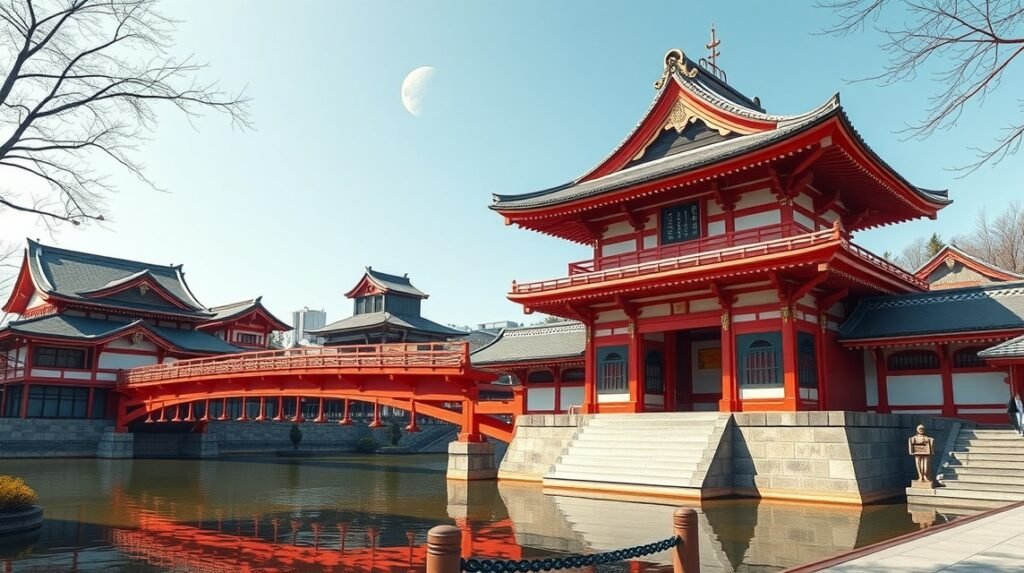 Sumiyoshi Taisha szentély Oszakában, jellegzetes ívelt hídval.