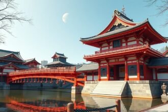 Sumiyoshi Taisha szentély Oszakában, jellegzetes ívelt hídval.