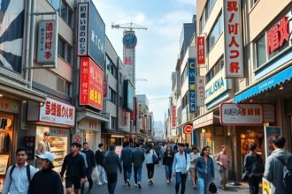 Oszaka Amerikamura divatnegyedének életteli utcája, modern boltokkal.