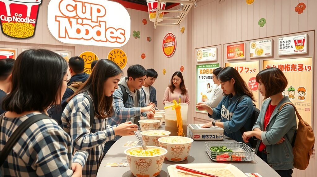 Látogatók a Cup Noodles Múzeumban, leves készítése közben.