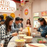 Látogatók a Cup Noodles Múzeumban, leves készítése közben.