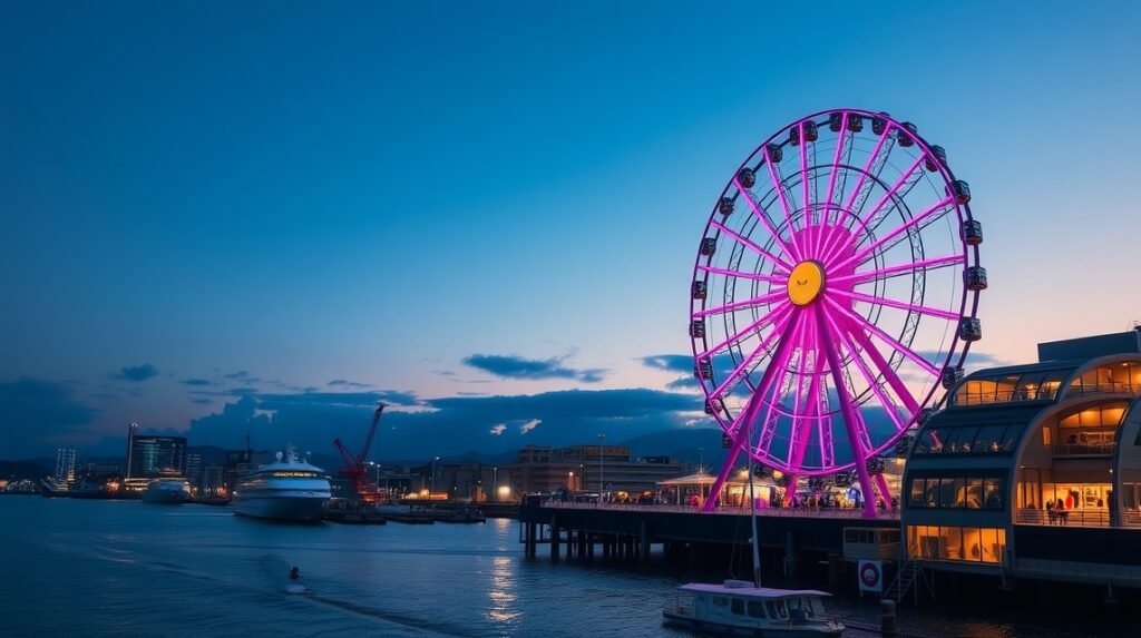 Tempozan óriáskerék az oszakai kikötőben naplementében