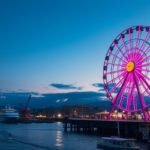 Tempozan óriáskerék az oszakai kikötőben naplementében