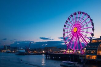 Tempozan óriáskerék az oszakai kikötőben naplementében