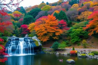 Minoo Park őszi vízesése és a gyönyörű színekben pompázó fák