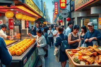Oszaka utcai étkezés, Takoyaki és Okonomiyaki látványosságok.