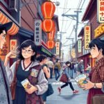 Oszakai utcai élet és barátságos helyiek, japán kultúra.