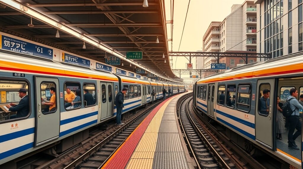 Oszaka körvasút és metró állomásának belső nézete.