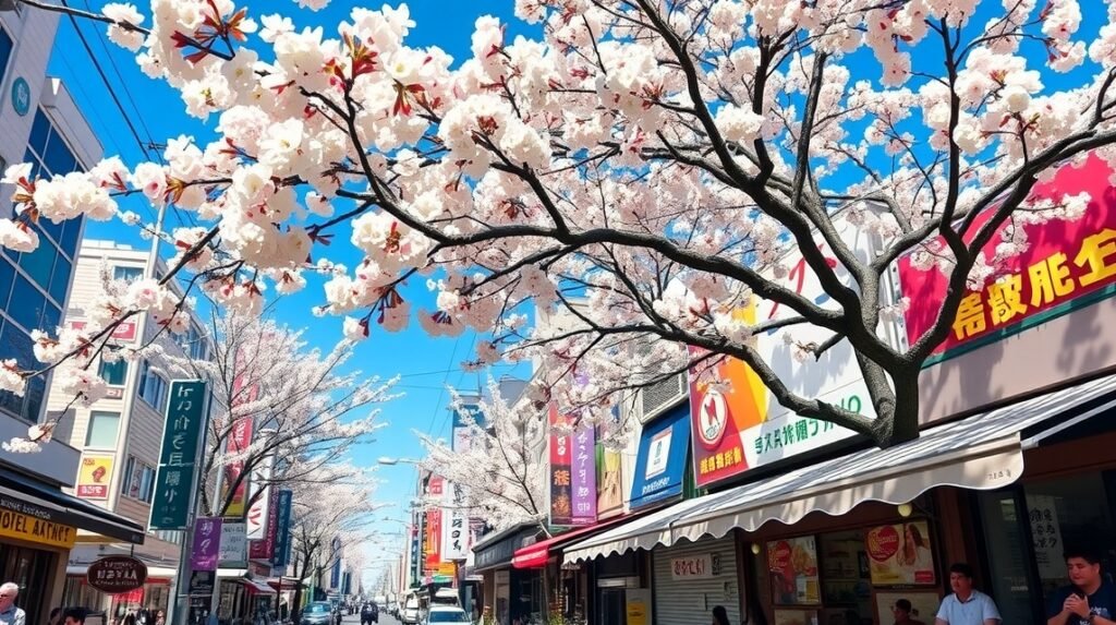 Oszaka tavaszi időjárása, cseresznyevirágokkal díszített utcák.