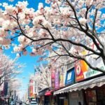 Oszaka tavaszi időjárása, cseresznyevirágokkal díszített utcák.