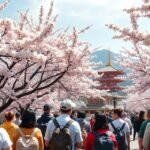 Cseresznyevirágzás Japánban, sétáló turisták a virágzó fák alatt