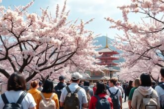 Cseresznyevirágzás Japánban, sétáló turisták a virágzó fák alatt