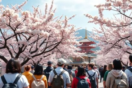 Cseresznyevirágzás Japánban, sétáló turisták a virágzó fák alatt