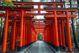 Fushimi Inari szentély piros torii kapui erdőben