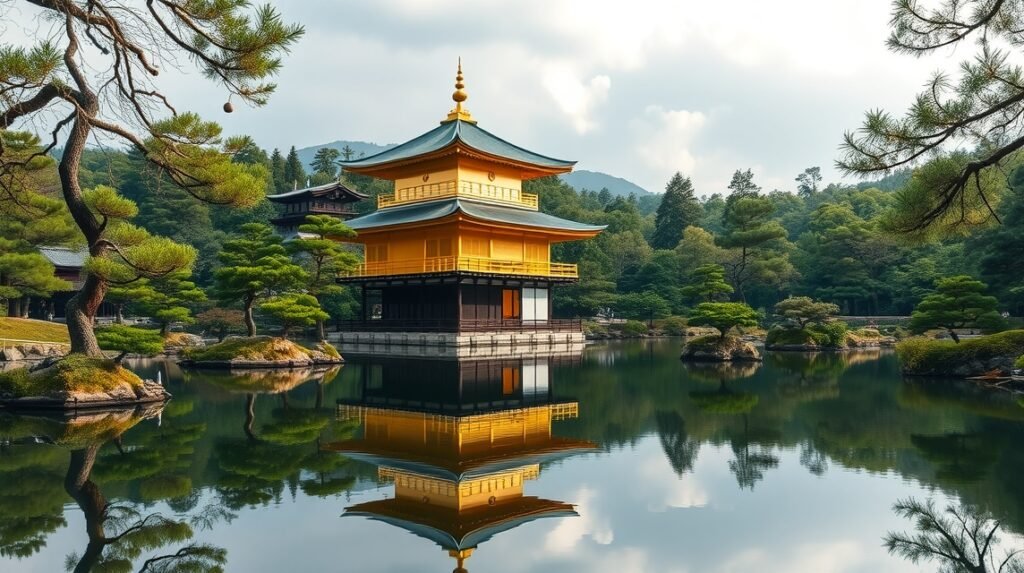 A Kinkaku-ji aranypavilon tükörképe a tó vízén