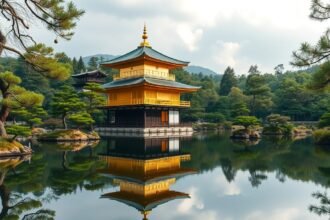 A Kinkaku-ji aranypavilon tükörképe a tó vízén
