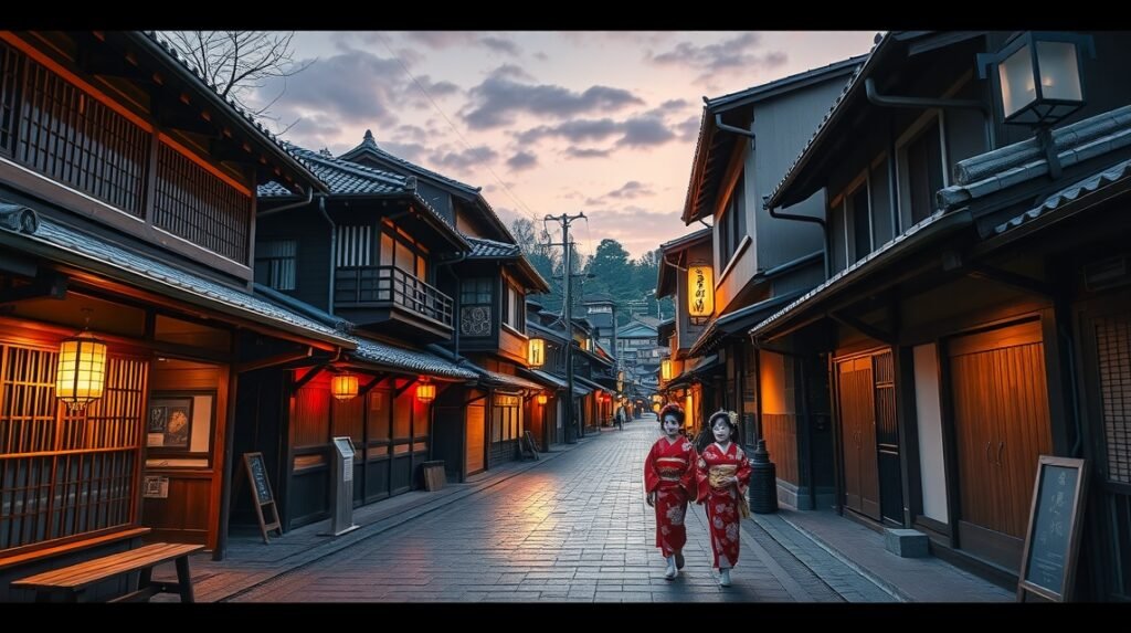 Gion, Kiotó gésanegyedének utcája, tradicionális épületekkel