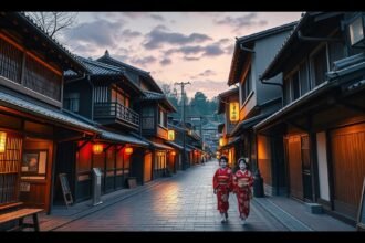 Gion, Kiotó gésanegyedének utcája, tradicionális épületekkel