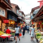 Nishiki piac Kiotóban, friss zöldségek és hagyományos ételek